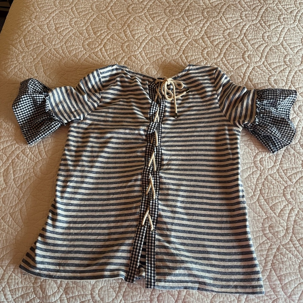 Doe & Rae Black and White Striped Blouse.